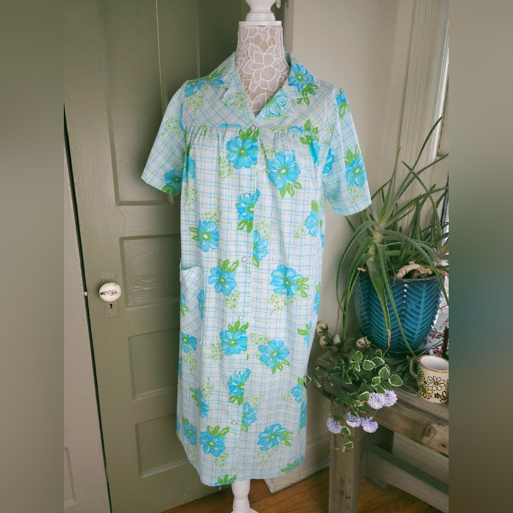 Smart Time Vintage Pearl Snap Front House Dress Smock Blue Floral Women's Medium